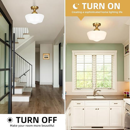 Bagood 12" Brass Schoolhouse Lights Fixture Milk Glass Light Fixtures Mid Century Light Fixtures School House Lights Fixture Ceiling Semi Flush Mount Ceiling for Bathroom Bedroom (Bulb Incl.)