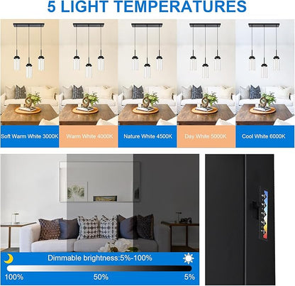 MELUCEE Dimmable LED Pendant Light 3-Light Linear Dining Room Light Fixture Over Table Black Chandelier, 3000K-6000K Adjustable Color Temperature Island Lights with Clear Glass Shade