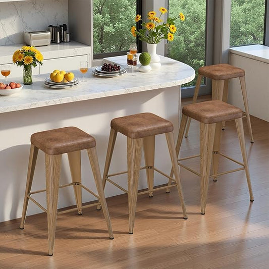 Backless Bar Stools Set of 4, Upholstered Faux Leather Counter Height Stools with Sturdy Metal Legs, 24 Inch Barstools for Kitchen Island (Walnut)