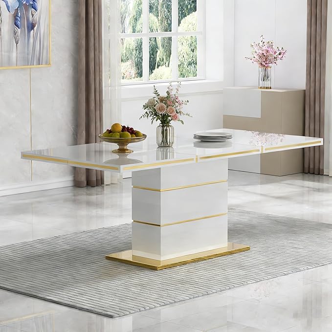 70" White Dining Table for 4 6, Modern Glossy Kitchen Table with 1.5" Thick Lacquered Tabletop and Gold Stainless Steel Trim, Luxury Rectangular Dinner Tables for Dining Room