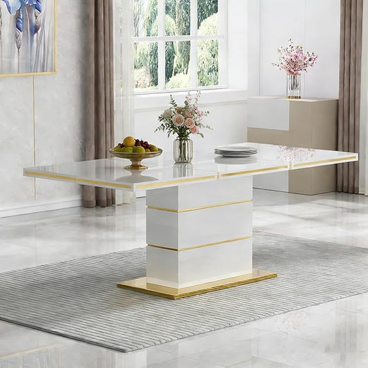 70" White Dining Table for 4 6, Modern Glossy Kitchen Table with 1.5" Thick Lacquered Tabletop and Gold Stainless Steel Trim, Luxury Rectangular Dinner Tables for Dining Room