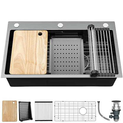 YITAHOME Kitchen Sink Gunmetal Black Stainless Steel Drop-In Sinks, Top Mount Single Bowl Basin with Accessories, Household Nano Sinks for Workstation, RV, Prep Kitchen, and Bar Sink, 32 x 18 x 10in