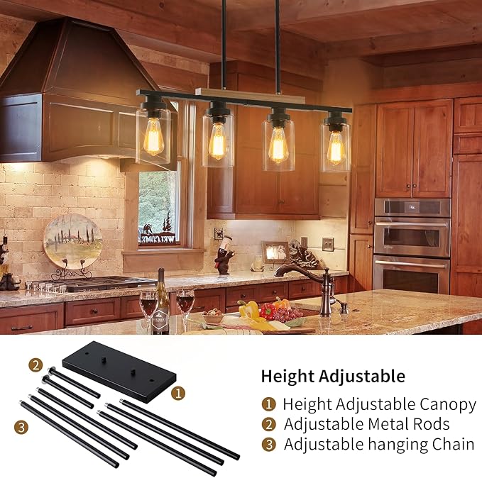 Dining Room Light Fixture Over Table,Farmhouse 4-Light Kitchen Island Lighting,Modern Wood Chandeliers for Dining Room with Adjustable Height,Industrial Black Kitchen Pendant Hanging Lights
