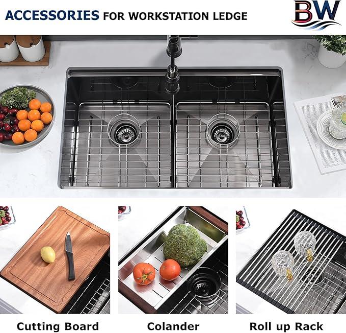 33 Inch Black Double Bowl Kitchen Sink Undermount- 16 Gauge Stainless Steel Undermount Workstation Kitchen Sink Double Bowl 50/50, 33x19 Inch