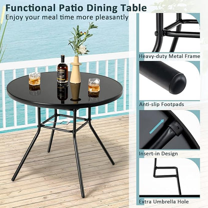 Tangkula 34 Inch Patio Dining Table, Round Tempered Glass Table with 1.5” Umbrella Hole, Heavy-Duty Metal Frame, Outdoor Metal Dining Table for Garden, Balcony, Porch