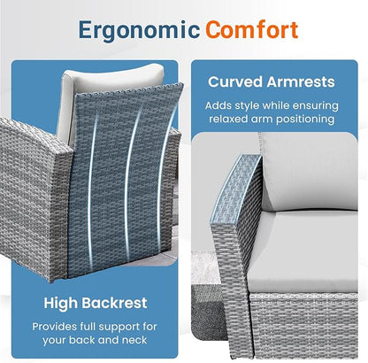 Wisteria Lane 4 Piece Patio Furniture Set, Wicker Outdoor Patio Conversation Furniture Set, All Weather Outdoor Patio Sofa with Cushion and Glass Table, Grey