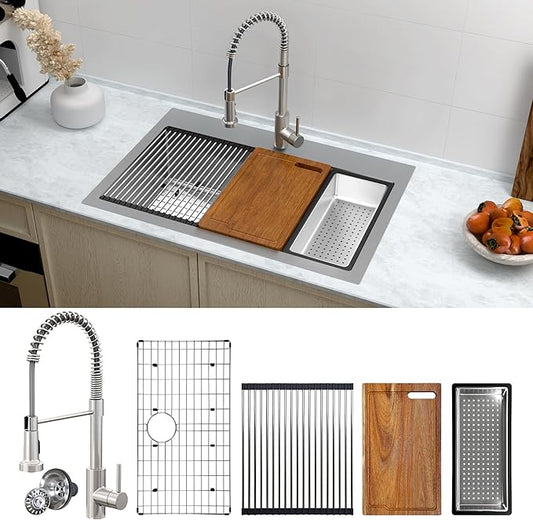 33 x 22 Drop-In/Undermount Kitchen Sink, TECASA Single Bowl Kitchen Sink, 18-Gauge T-304 Stainless Steel Basin with Workstation