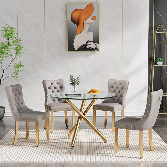 35.43'' Round Glass Dining Table,Modern Kitchen Table for 2-4 People,Dining Room Table with Tempered Glass Top and Metal Legs for Kitchen Apartment