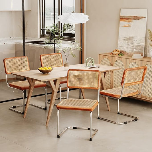 Alunaune Mid Century Modern Dining Chairs Set of 4, Upholstered Natural Rattan Kitchen Chairs Accent Chair, Armless Side Chairs with Metal Chrome Legs for Bedroom Living Room-Rattan Seat