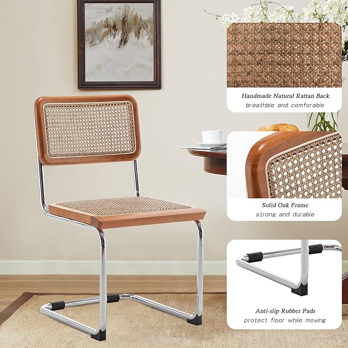 Alunaune Mid Century Modern Dining Chairs Set of 4, Upholstered Natural Rattan Kitchen Chairs Accent Chair, Armless Side Chairs with Metal Chrome Legs for Bedroom Living Room-Rattan Seat
