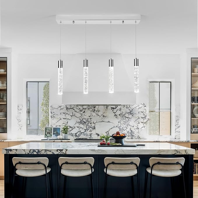 4 Light Pendant Lights Kitchen Island, Modern Chrome Crystal Pendants with Dimmable 3000K-6000K LED Ceiling Hanging Light Fixture for Dining Room Bedroom, Adjustable Height 59"