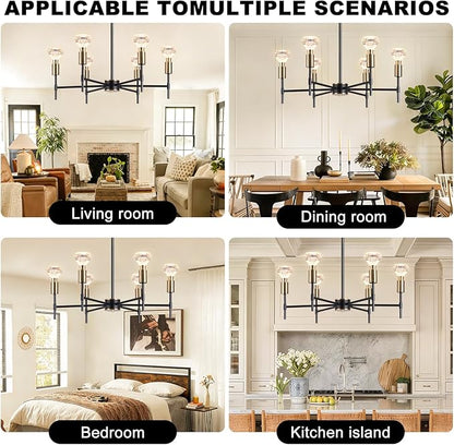 6 Light Black Imitation Crystal Chandelier, Modern Vintage Farmhouse Flush Mount Ceiling Pendant Light for Kitchen Island Dining Room Entryway Foyer Home Décor
