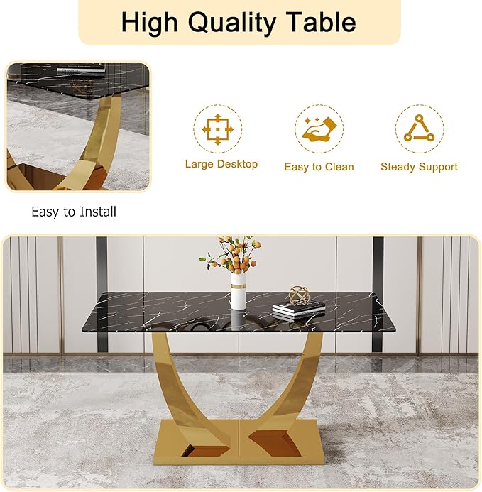 AZmac 63'' Black Dining Room Table for 4-6, Faux Marble Dining Table with Gold Base, Rectangle Kitchen Table with Tempered Glass Top for Kitchen Dining Room