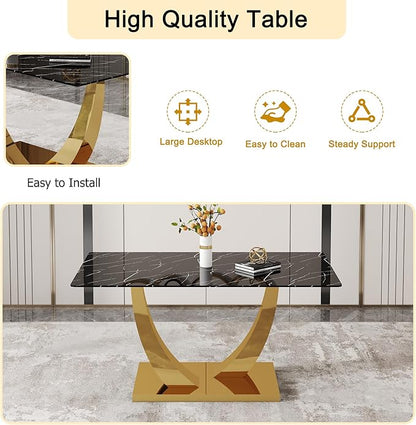 AZmac 63'' Black Dining Room Table for 4-6, Faux Marble Dining Table with Gold Base, Rectangle Kitchen Table with Tempered Glass Top for Kitchen Dining Room