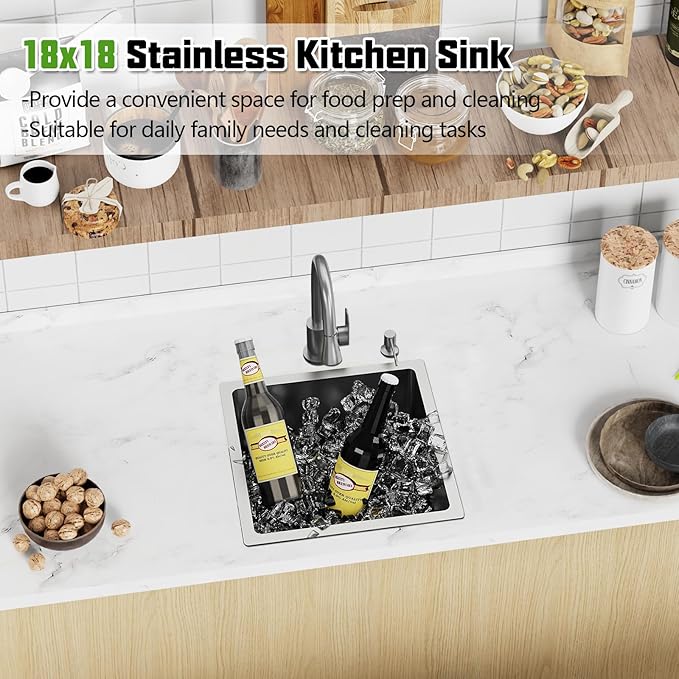 18x18 In Undermount Kitchen And Bar Sink- Stainless Steel Single Bowl Kitchen Sink Modern Drop In Bar Sink With Silicon Mat,Drain Strainer Set Compatibility With Various Kitchen & Bar Style