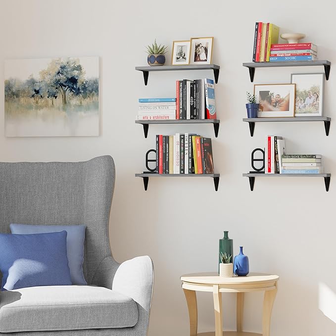Wallniture Arras Wood Floating Shelves for Wall Storage, Small Bookshelf, Hanging Book Shelves for Living Room, Bedroom, Office, Burnt Finish, Set of 10 (Gray)