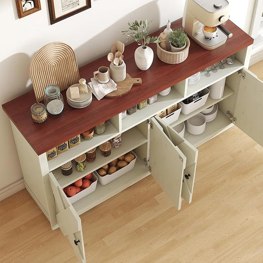 Bigbiglife Farmhouse Buffet Cabinet with Storage, Coffee Bar Cabinet with 3 Open Compartments, 59'' Large Kitchen Storage Cabinet Wood Coffee Bar Buffet Sideboard for Dining Room, Living Room