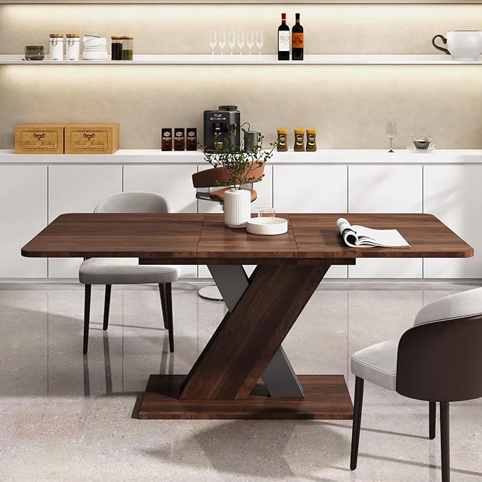 55.12"-70.78" Wooden Extendable Dining Table for 4-8, Modern Expandable Kitchen Table with X-Shaped Design Base and Wood Grain Tabletop for Living Room, Dining Room, Walnut