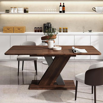 55.12"-70.78" Wooden Extendable Dining Table for 4-8, Modern Expandable Kitchen Table with X-Shaped Design Base and Wood Grain Tabletop for Living Room, Dining Room, Walnut