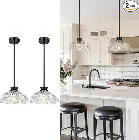 Modern Pendant Lights Kitchen Island, HWH Hanging Light Fixture Set of 2, 10 Inch Pendant Light Fixtures Ceiling with Clear Flower Glass, Matte Black Finish, 5HJX112MIL-2PK BK