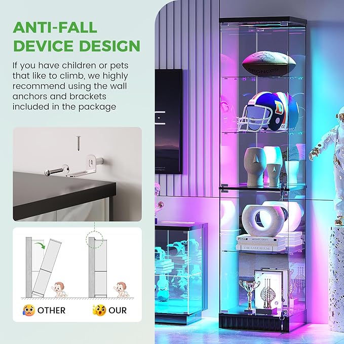 HNEBC 6-Tier Shelf with Glass Door, LED Display Case with RGB Lights& Motion Sensor, Lockable Curio Cabinet for Collectibles,Bookcase,China Cabinet-Black