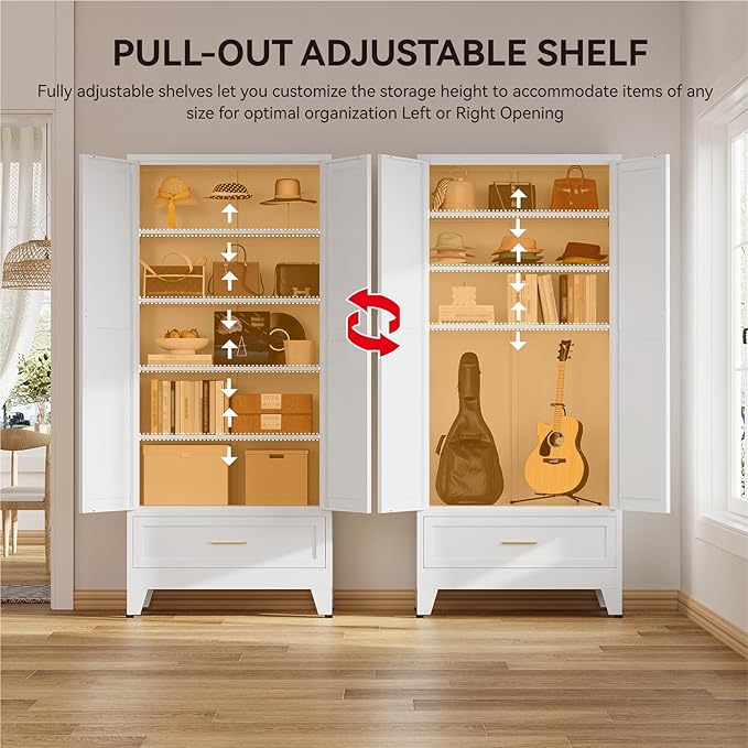 71" Tall Kitchen Pantry Cabinet,Farmhouse Pantry Cabinet,Metal Cabinet with Adjustable Shelves and Drawer,Storage Cabinet for Kitchen Dining Room Garage,White 1 Pack