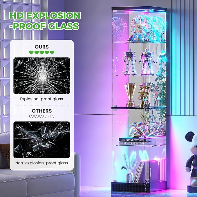 HNEBC 6-Tier Shelf with Glass Door, LED Display Case with RGB Lights& Motion Sensor, Lockable Curio Cabinet for Collectibles,Bookcase,China Cabinet-Black