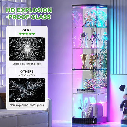 HNEBC 6-Tier Shelf with Glass Door, LED Display Case with RGB Lights& Motion Sensor, Lockable Curio Cabinet for Collectibles,Bookcase,China Cabinet-Black