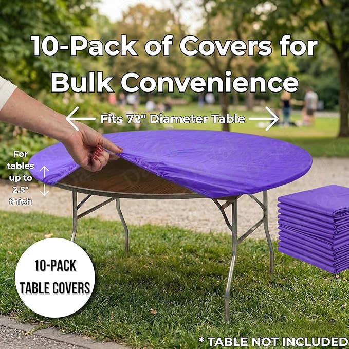 Kwik-Covers 10 Pack of Round Plastic Table Covers - 60" or 72" Round - Indoor or Outdoor Fitted Covers (Tables NOT Included) (Purple, 72" Round)