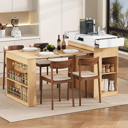 Versatile Extendable Dining Table with Hidden Wheels and Drawers, Farmhouse Kitchen Island with Charging Station and Glass-Door, Sideboard for Kitchen and Dining Room (Natural)