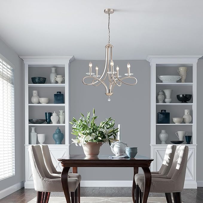 Modern Brushed Nickel Finish Chandeliers, 5-Lights Farmhouse Candle Scroll Arms Dining Room Light Fixture Industrial Ceiling Hang Light Fixture