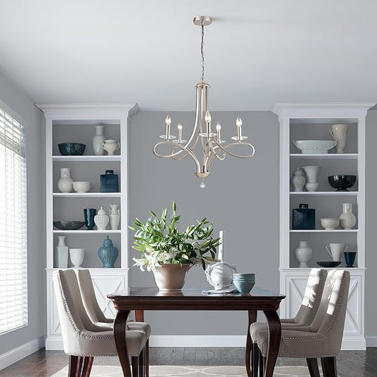 Modern Brushed Nickel Finish Chandeliers, 5-Lights Farmhouse Candle Scroll Arms Dining Room Light Fixture Industrial Ceiling Hang Light Fixture