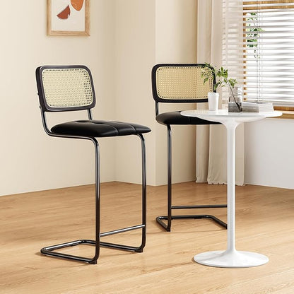 Counter Height Bar Stools Set of 2, Upholstered PU Leather Bar stools with Rattan Back, 30 inch Stools Armless Bar Chairs for Kitchen Island, Black