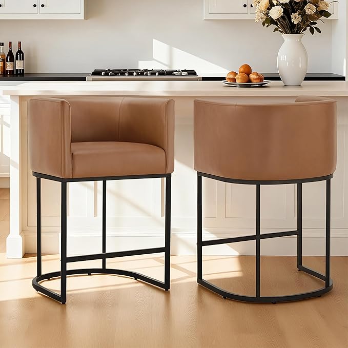 24" Counter Height Bar Stools Set of 4, Modern Barrel Counter Stools with Backrest and Arms, Faux Leather Upholstered Accent Barstools with Metal Legs for Kitchen Island,Brown