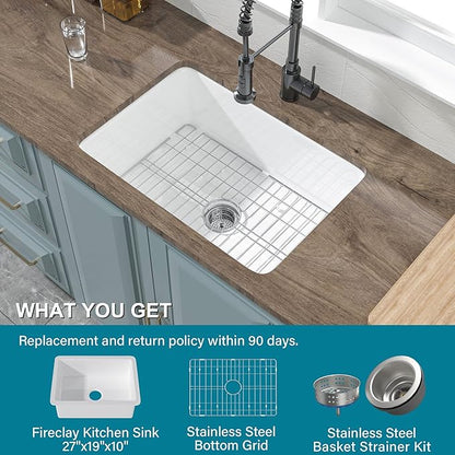 Undermount Kitchen Sink White 27 x 19 Inch,10" High Top Mount Fireclay Sink Drop In Single Bowl, Dual Mount, with Accessory 2 Types, Pure White, for Kitchen & Laundry