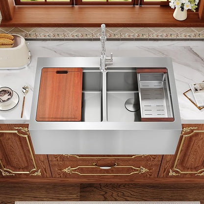 Rhbamoa Double Farmhouse Sink 36 Inch,16-Gauge T304 Stainless Steel Drop In Farm Sink,50/50 Topmount Double Bowl Apron Front Farm Sinks,10 Inch Deep Workstation Sinks with All Accessories