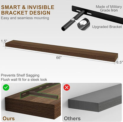 Fun Memories 66 Inch Fireplace Mantel - Long Floating Shelf, Wall Mounted Farmhouse Display with Invisible Heavy Duty Metal Bracket, Walnut, 2 Pack