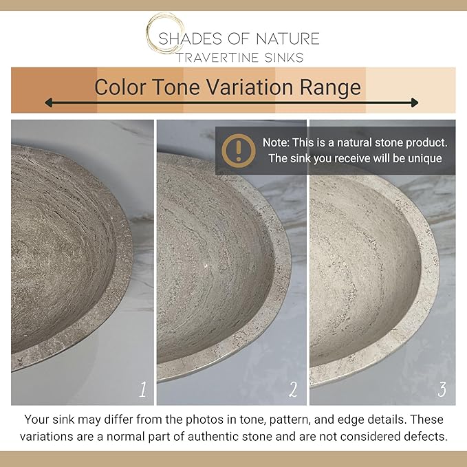 Shades of Nature Oval Travertine Vessel Sink – Natural Stone Wash Basin, Fully Polished Bathroom Sink, Above Counter Vanity Basin (Includes Matching Soap Tray)