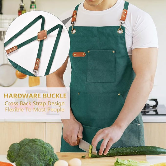 Aoomzoon Canvas Aprons for Men Chef Apron, Work Apron with Large Pockets - 16oz Heavy Duty Cross Back, BBQ, Cooking