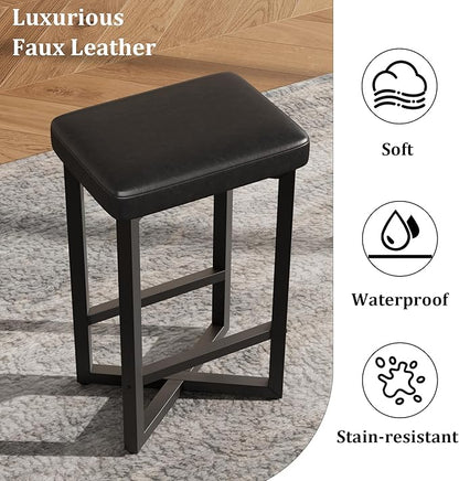 IDEALHOUSE Bar Stools Set of 4, 24.6" Counter Height Backless Barstools, Upholstered PU Leather Seats with Metal X-Frame & Footrest, Modern Kitchen Stools for Home Bar, Dining Room, Black