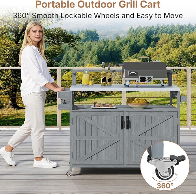 Zevemomo Outdoor Grill Cart with Raised Shelf, Stainless Steel Tabletop Outdoor Kitchen Island, Outdoor Buffet Cabinet with Lockable Wheels, Internal Storage Rack, Spice Rack for Grilling, Grey Blue