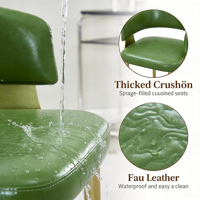 Atoll Modern Accent Dining Chairs Set of 2 with Upholstered PU Leather Seat & Curved Back, Metal Legs, Mid-Century Kitchen Chair for Dining Room, Living Room or Office (2, Green)