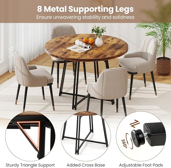 Giantex 47-inches Round Dining Table for 4-6 People, Kitchen Table with Metal Supporting Legs & Cross Base, Circle Dinner Tables for Dinette, Restaurant, Living Room, Dining Room, Rustic Brown