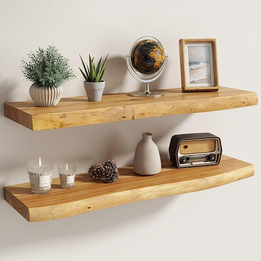 Fun Memories Floating Shelves for Wall Decor Set of 2-30 Inch Solid Elm Wood Live Edge - Rustic Natural Wall Shelves with Invisible Brackets - for Living Room, Bedroom, Kitchen - Natural Finish