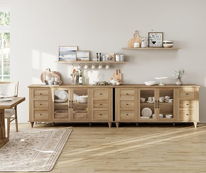 WAMPAT 2-in-1 Sideboard Buffet Cabinets with Glass Door, Kitchen Storage Cabinets, Wood Coffee Bar Tables, Accent Sideboard Storage Cabinet Table Dining Room, Living Room,Oak