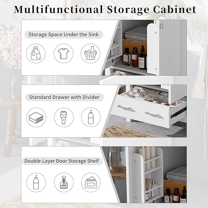 Favfurish 24" Modern Bathroom Vanity with Ceramic Sink, Freestanding Storage Cabinet w/2 Soft-Close Doors & 1 Drawer, Double-Layer Door Shelf, Solid Wood Frame for Small Bathrooms, Easy Assembly,White