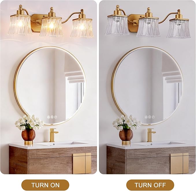 Vintage Bathroom Light Fixtures, 3-Light Gold Vanity Light with Ribbed Crystal Glass Shade, 21.4" Brushed Gold Vanity Lights for Bathroom Bedroom Living Room Hallway, E26 Base