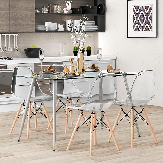 Moccha 51” Glass Dining Table, Modern Rectangular Table with Spacious Tempered Glass Tabletop & Sliver Metal Legs, Adjustable Foot Pads, Transparent Kitchen Table for Home Office