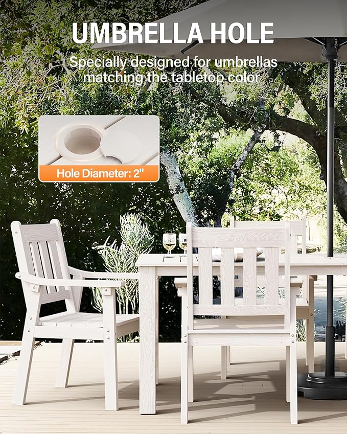 YEFU HIPS Patio Table Set: 10 Piece Outdoor Table and Chairs Dining Furniture Set with Umbrella Hole - White Modern Plastic Dining Sets 8 Person for Outside Deck with Metal Aluminum Frame