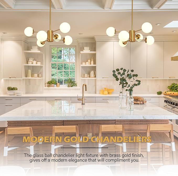 Bagood 6-Light Globe Sputnik Chandelier Milk Glass Modern Gold Chandelier Light Fixture Mid Century Sputnik Chandeliers Pendant Light Frosted Globe Adjustable Hanging Ceiling Light for Entryway